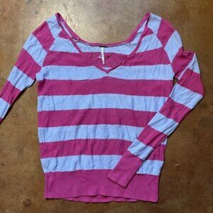 Free People Striped Academia Pinky Lightweight Knit V Neck Sweater A33